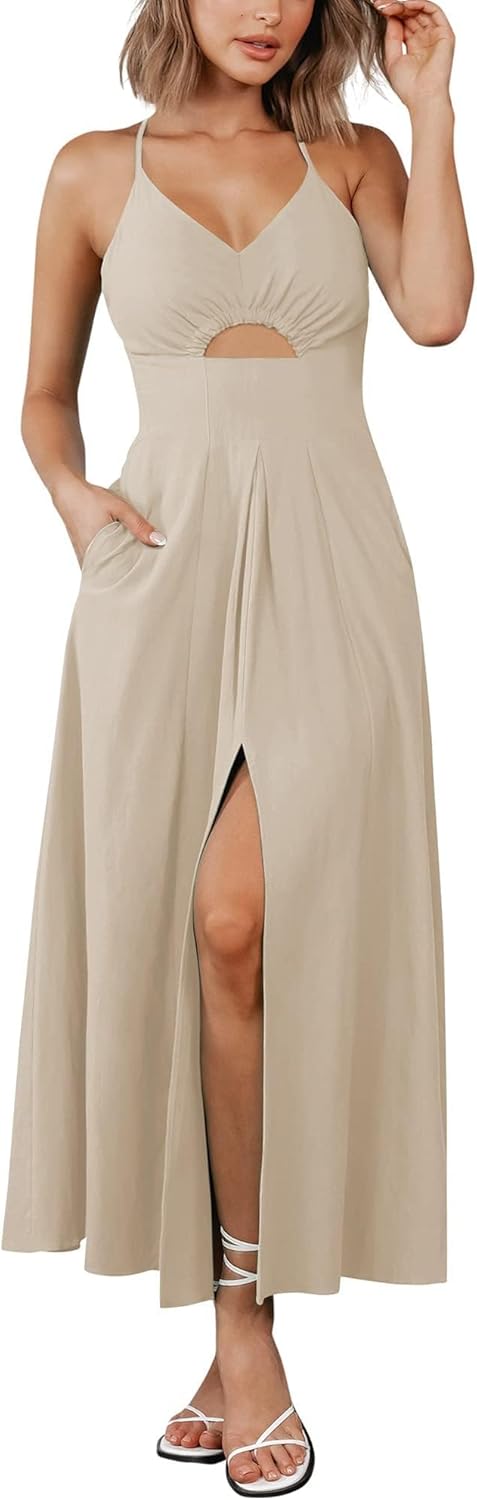 BTFBM Women Summer Spaghetti Strap Midi Dress with Pockets