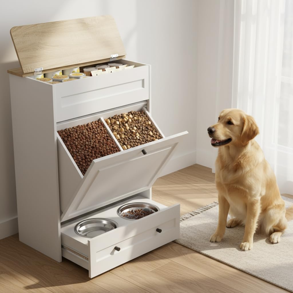 Dog Feeding Station with Storage Cabinet for Medium & Large Dogs