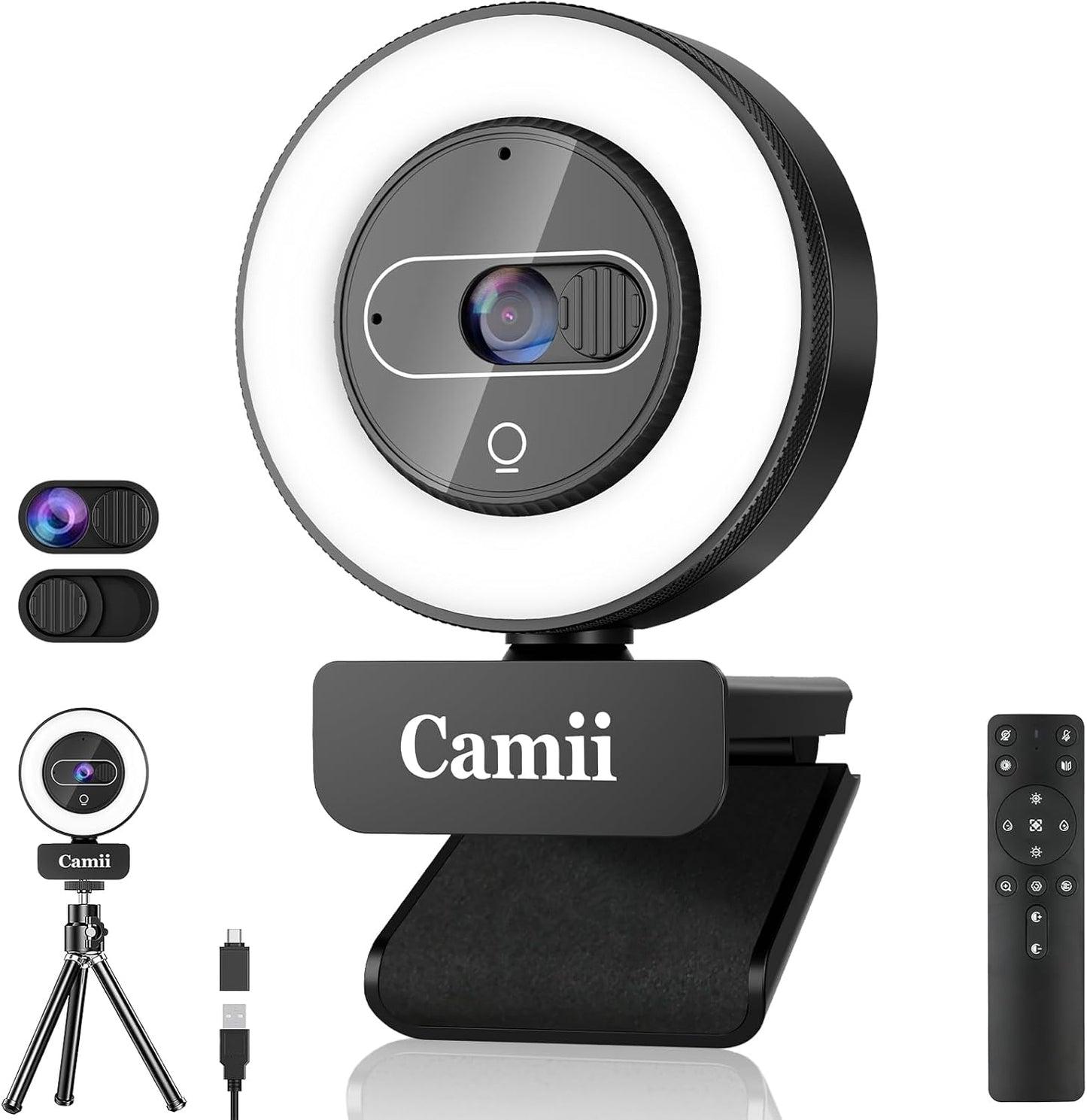4K Webcam with Light for PC - Remote Control & Privacy Cover