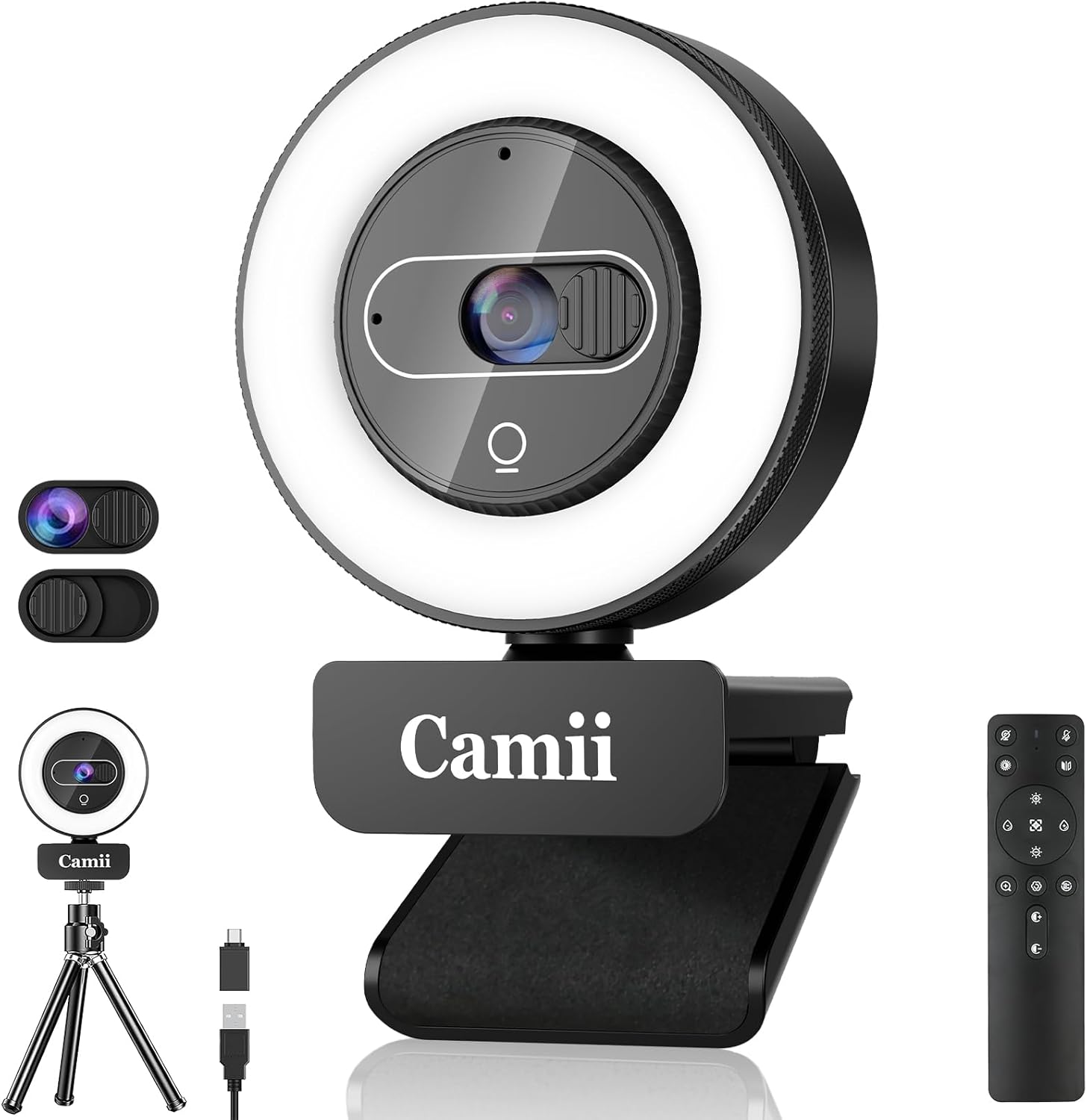 4K Webcam with Light for PC - Remote Control & Privacy Cover