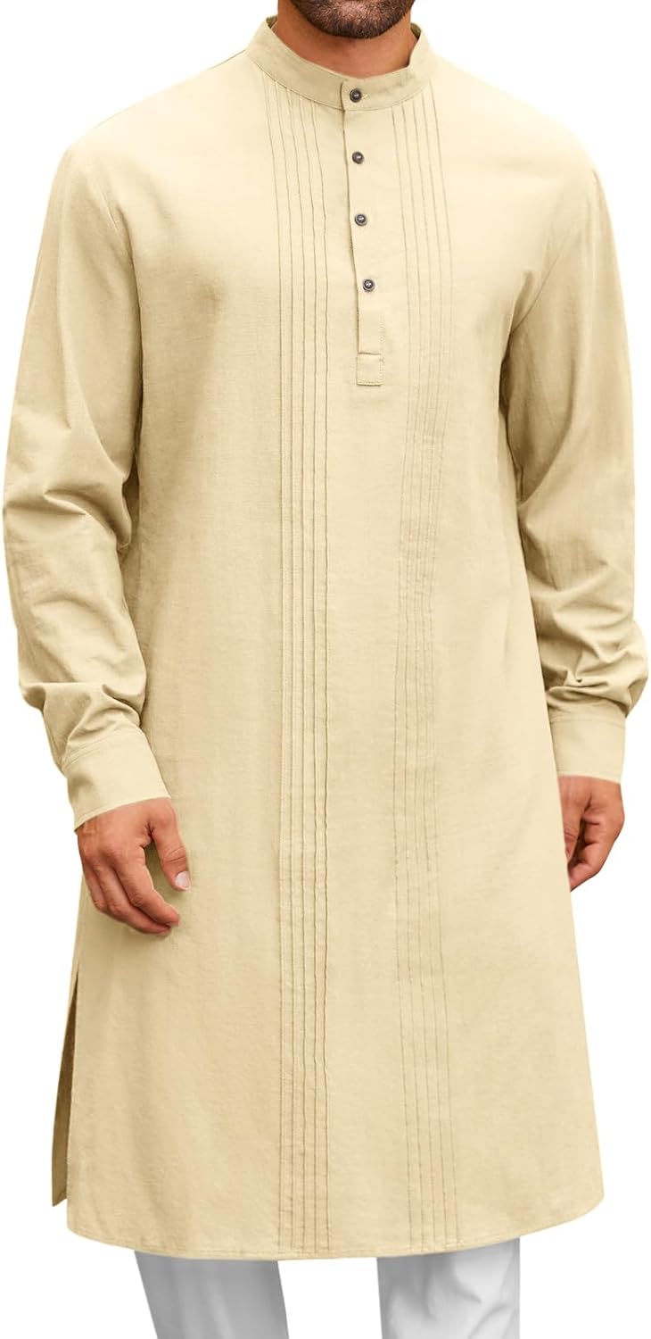 Runcati Mens Kaftan Robe Button Down Long Sleeve Cotton Linen