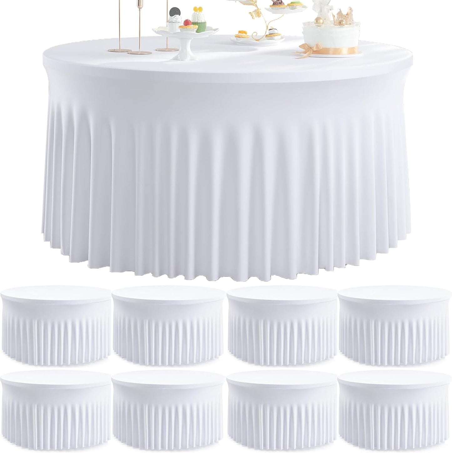 8 Pack White Round Spandex Tablecloths for 60 inch Tables