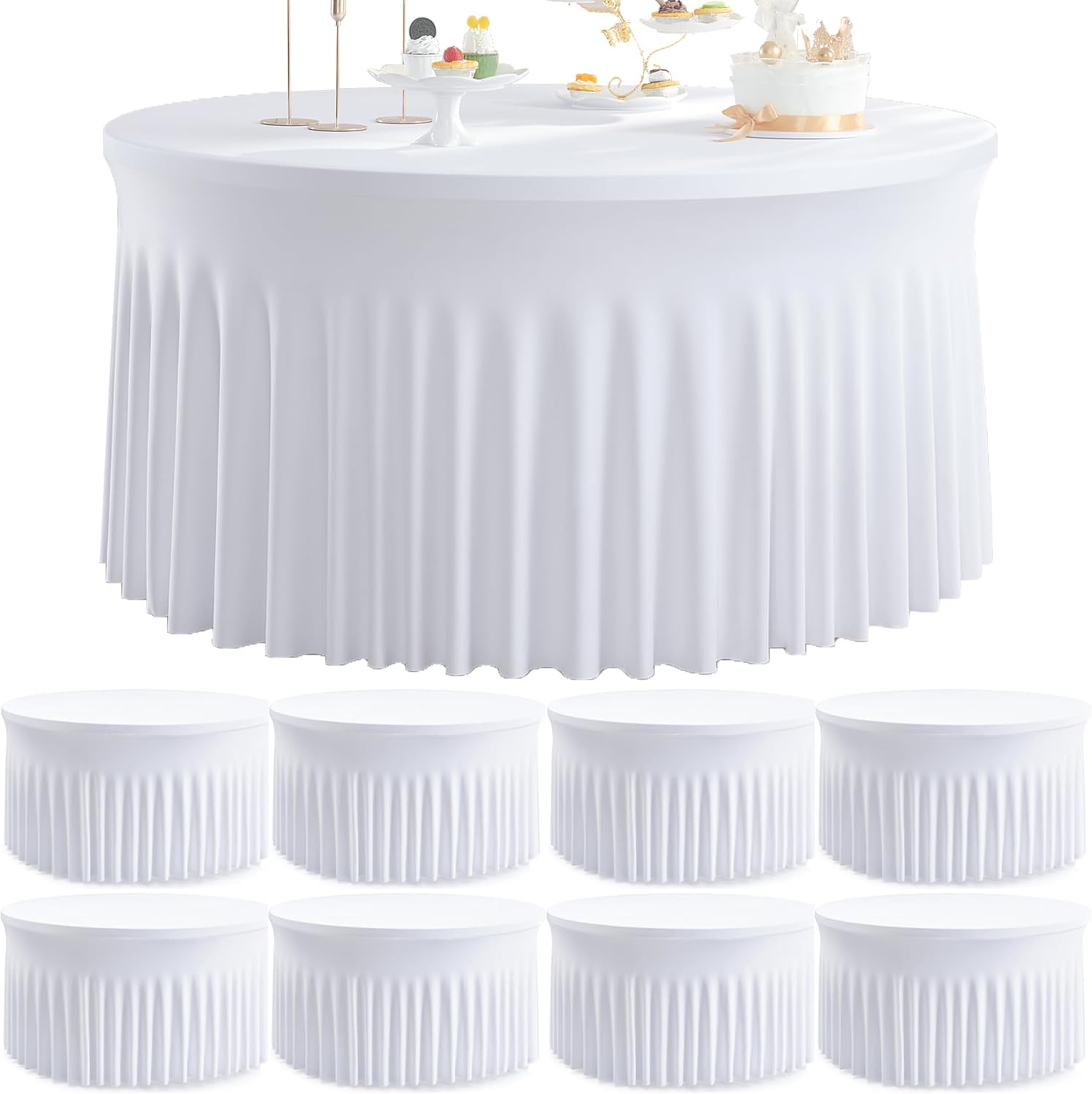 8 Pack White Round Spandex Tablecloths for 60 inch Tables