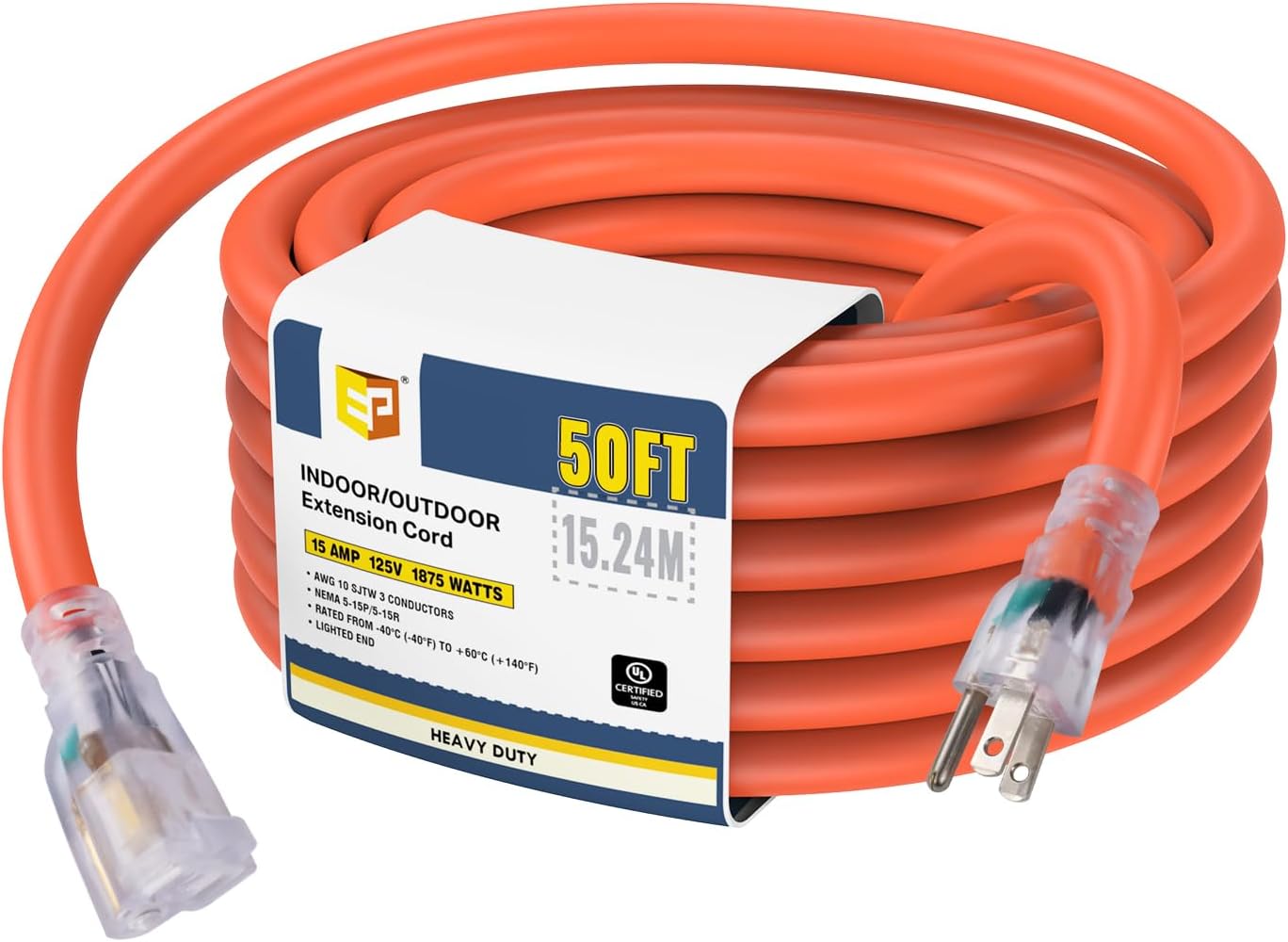 EP 50 Ft Lighted Outdoor Extension Cord for Heavy Duty Use