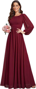 Ever-Pretty Crewneck Long Lantern Sleeves A-Line Pleated Chiffon Dress