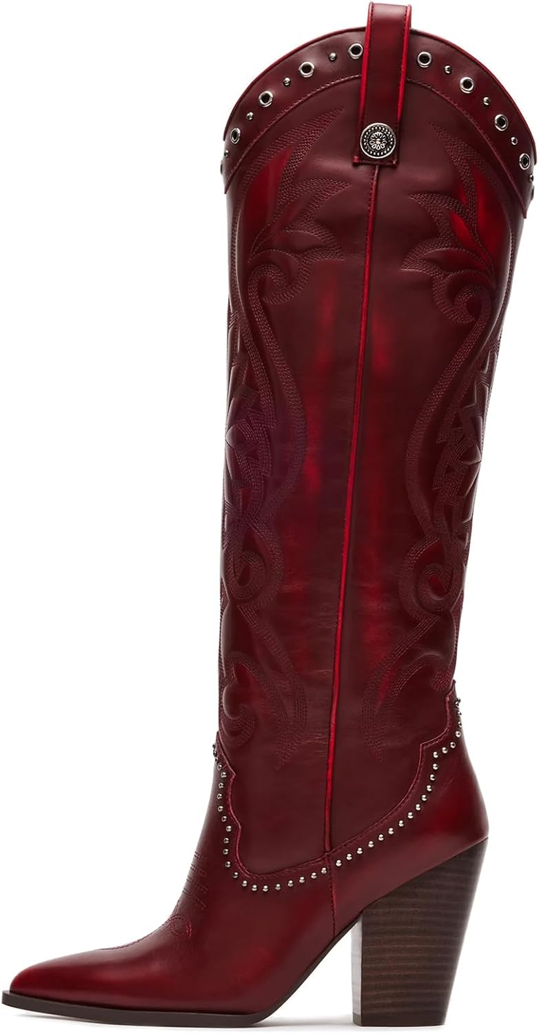 VOMIRA Knee High Cowboy Boots for Women with Chunky Heels
