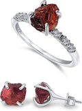 Raw Stone Stud Earrings and Dainty Ring Jewelry Set - White Gold