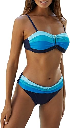 Sidefeel Women Stripes Halter Tummy Control Twist Bikini Set