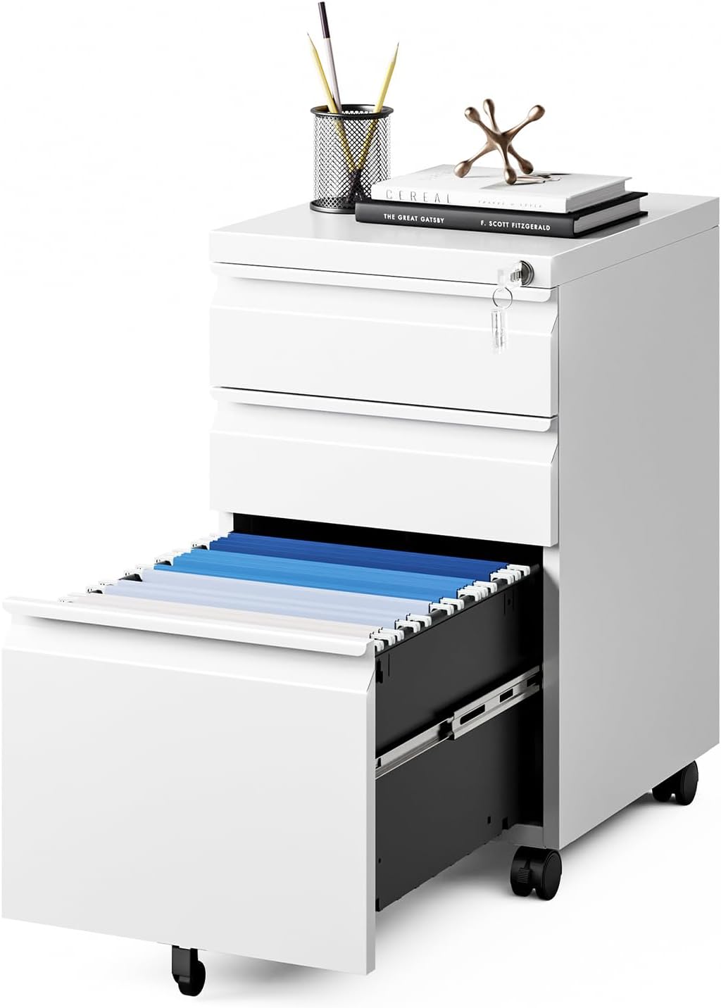MIIIKO White Filing Cabinet on Wheels for Home Office Storage