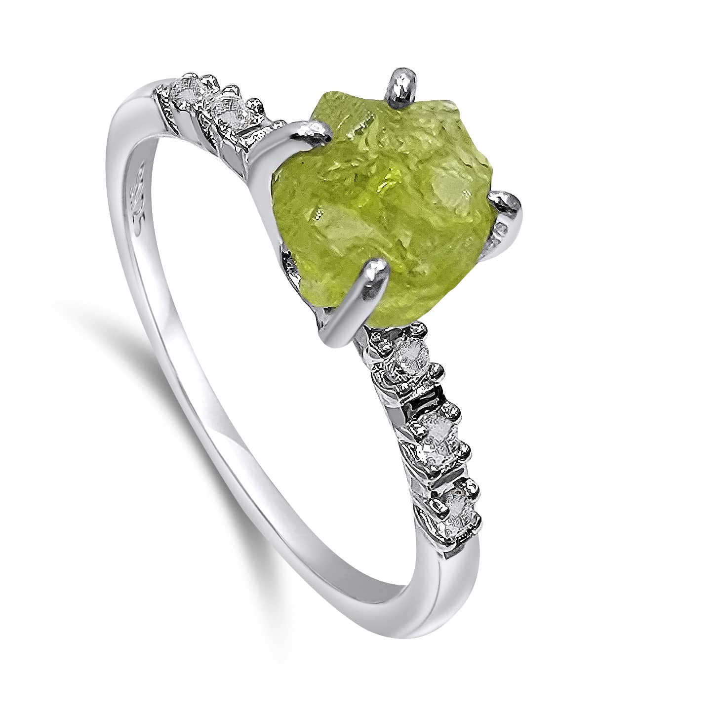 Real Raw Peridot Crystal Dainty Ring in White Gold for Gifts