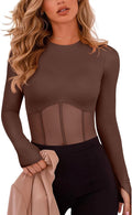 REORIA Women's Sheer Mesh Thumbhole Long Sleeve Bodysuit - Sexy