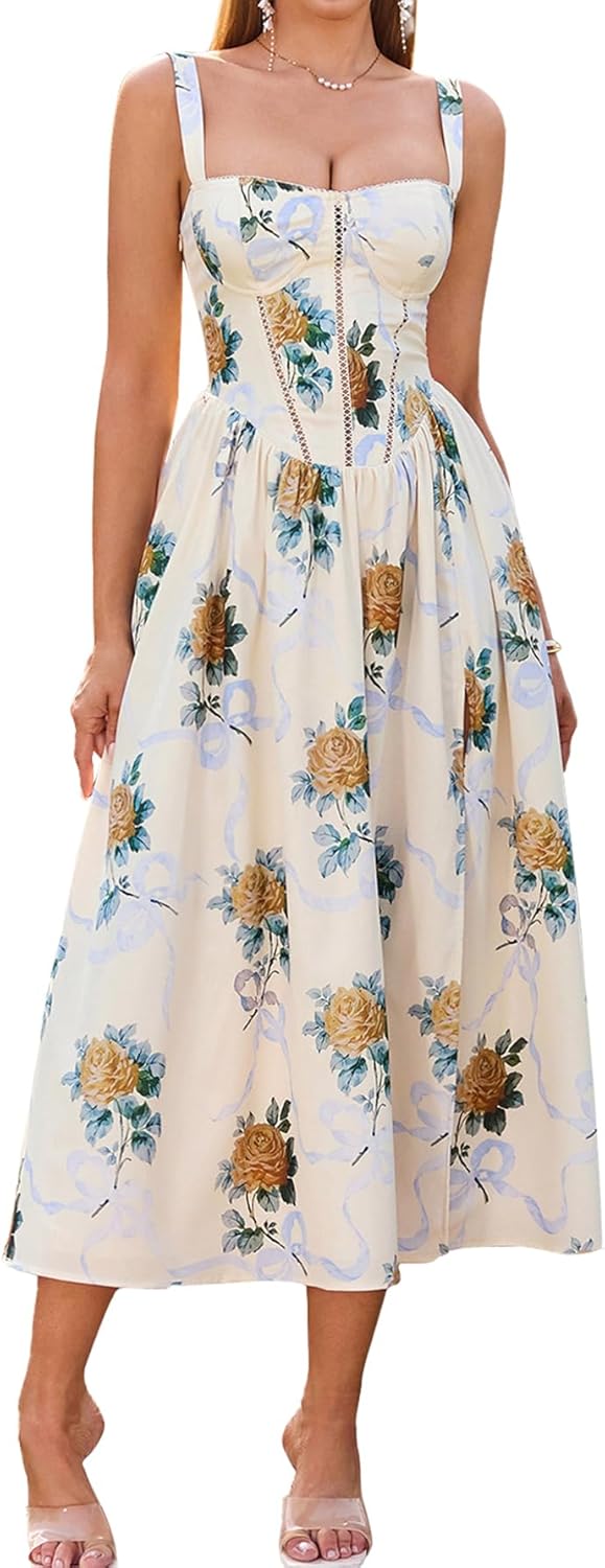 Floral Corset Midi Dress with Pockets for Summer Weddings