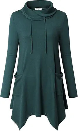 Bulotus Women's Long Sleeve Cowl Neck Tunic with Pockets