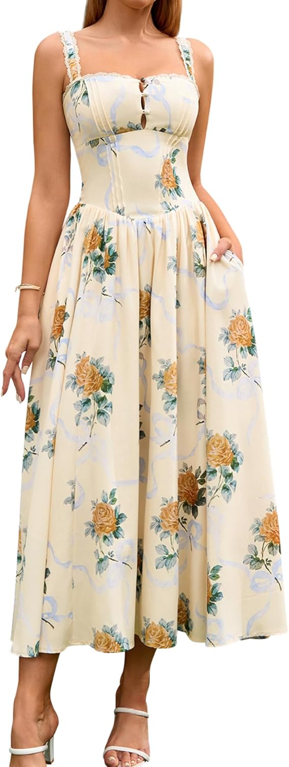 KUTUMAI Women Summer Lace Square Neck Midi Dress with Pockets