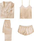 SWOMOG Womens Silk Satin Pajamas Sets 4pcs - Versatile Lightweight