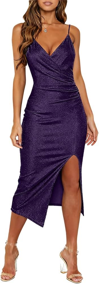WAYMAKER Women's Sexy V Neck Spaghetti Strap Bodycon Dress