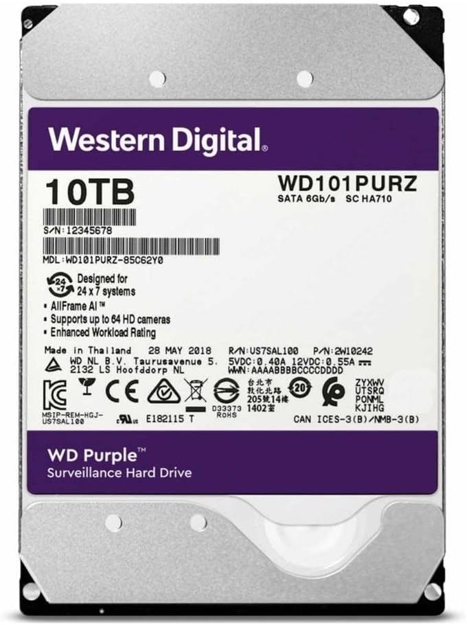 WD Purple 10TB Surveillance Hard Disk Drive for Security Systems