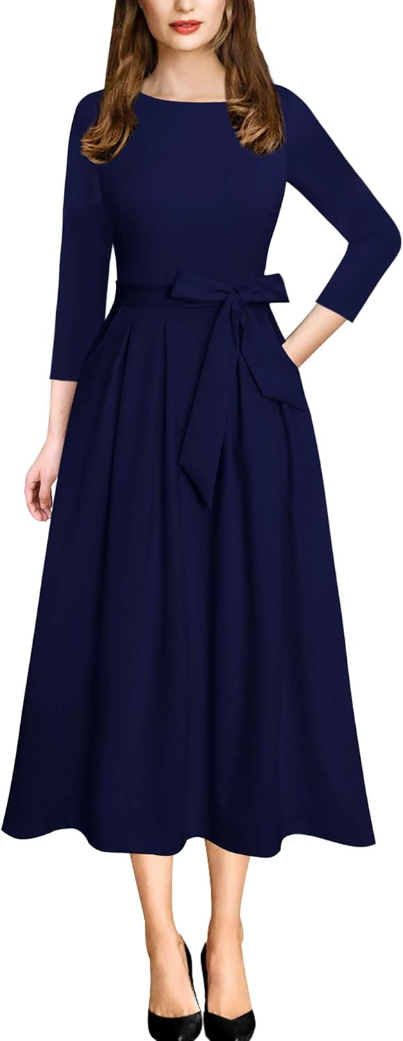 Elegant Pockets Belted A-Line Midi Dress for Women Workwear