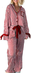 Women Christmas 2 Piece Pajamas Set Y2k Bow Tie Long Sleeve - Cute