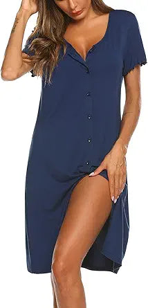 Ekouaer Women's Nightshirt Short Sleeve Button Down Pajama Dress
