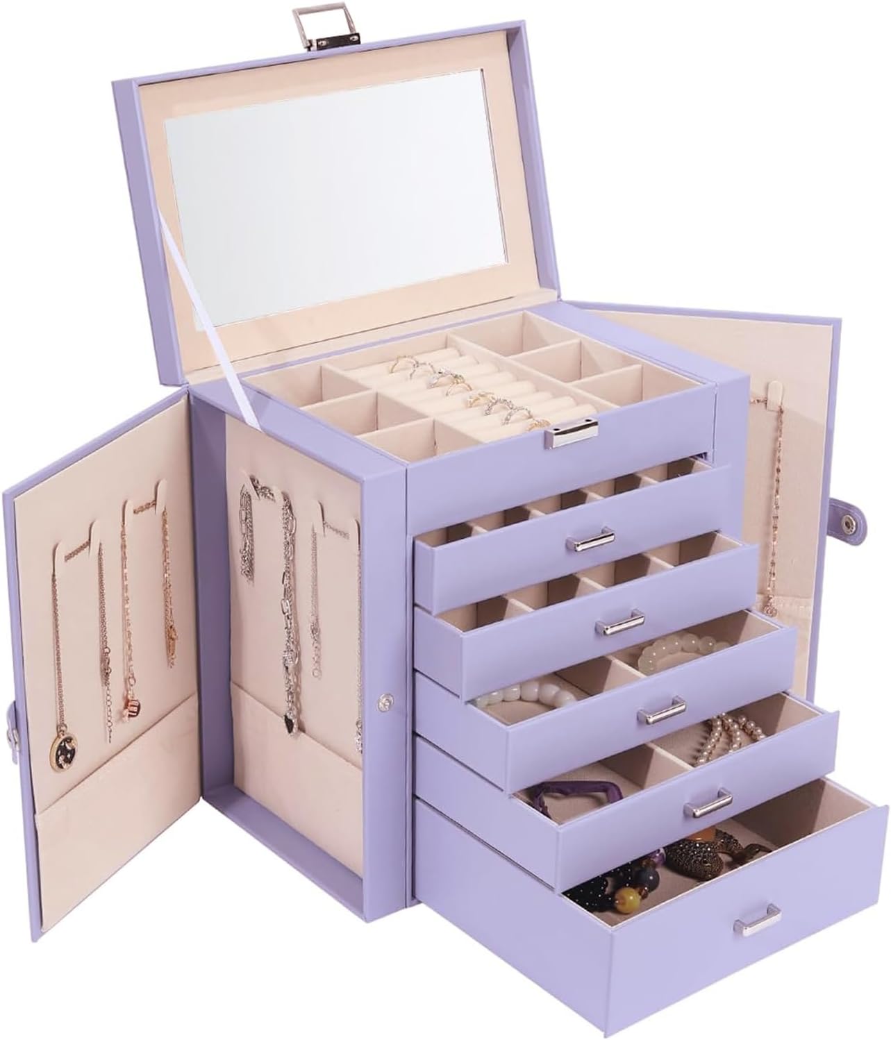 BOOVO Jewelry Box for Women - 6 Layer Organizer with Mirror