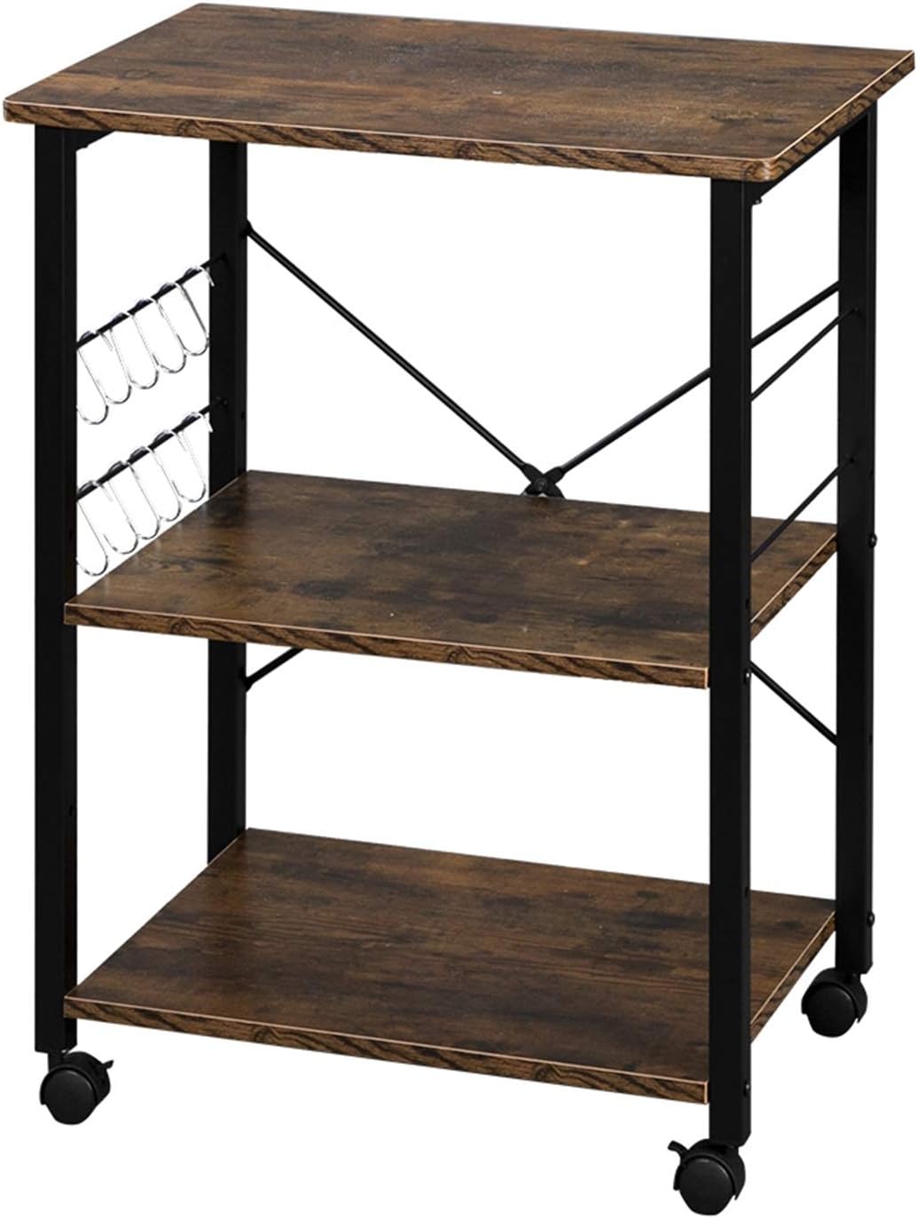 3-Tier Rolling Kitchen Cart with Hooks - Space-Saving Microwave Stand