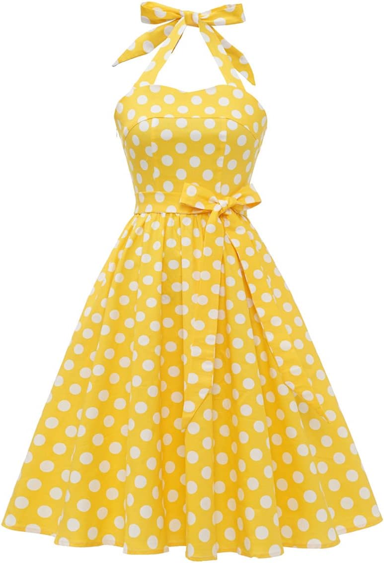 Vintage 50s Polka Dot Halter Cocktail Swing Dress for Women