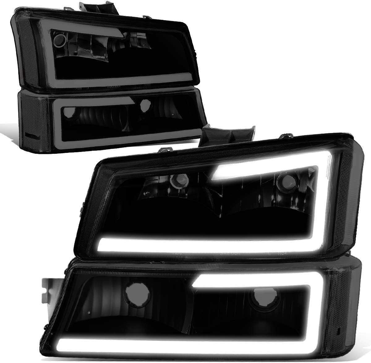 Black Housing Smoked Lens 3D LED DRL Headlight Set for Silverado