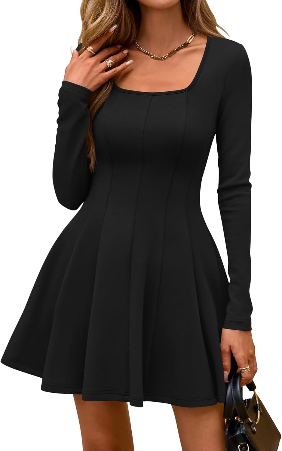 BTFBM Square Neck Dress for Women - Elegant Mini Dress