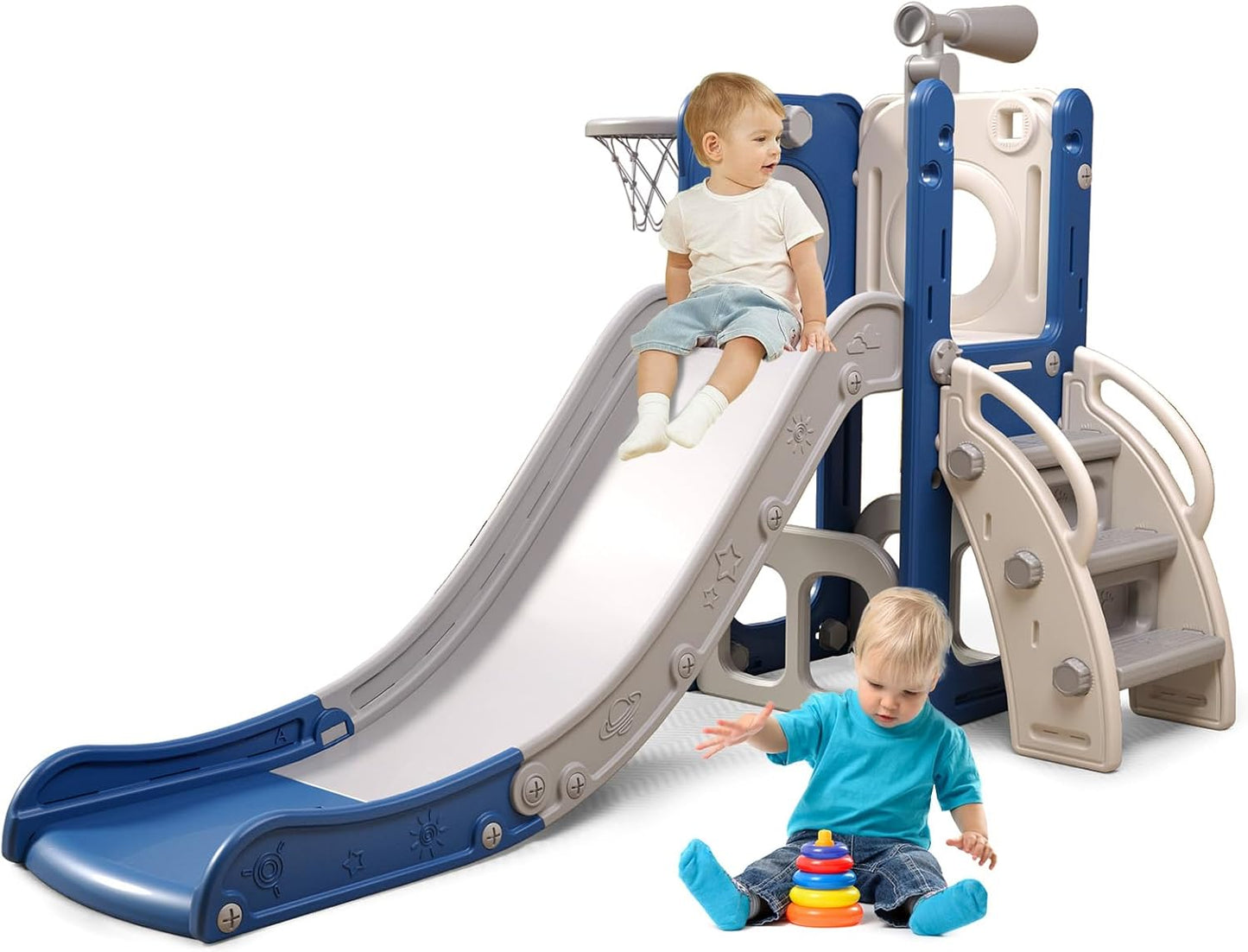 6 in 1 Toddler Playset with Slide and Basketball Hoop for Fun