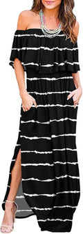 Womens Off The Shoulder Ruffle Side Split Beach Maxi Dress - Rayon