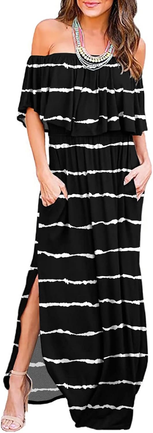 LILBETTER Womens Off The Shoulder Ruffle Party Maxi Dress
