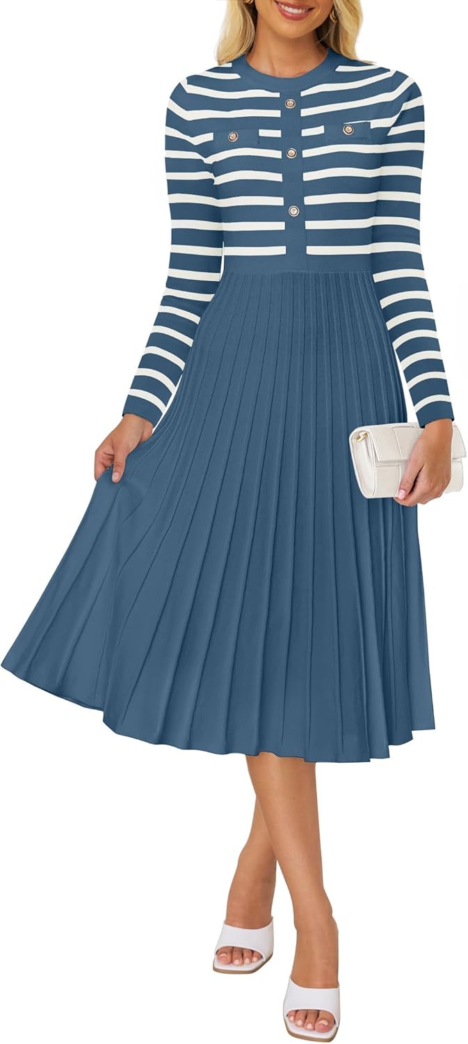ZESICA Womens Long Sleeve Striped Midi Dress for Every Occasion