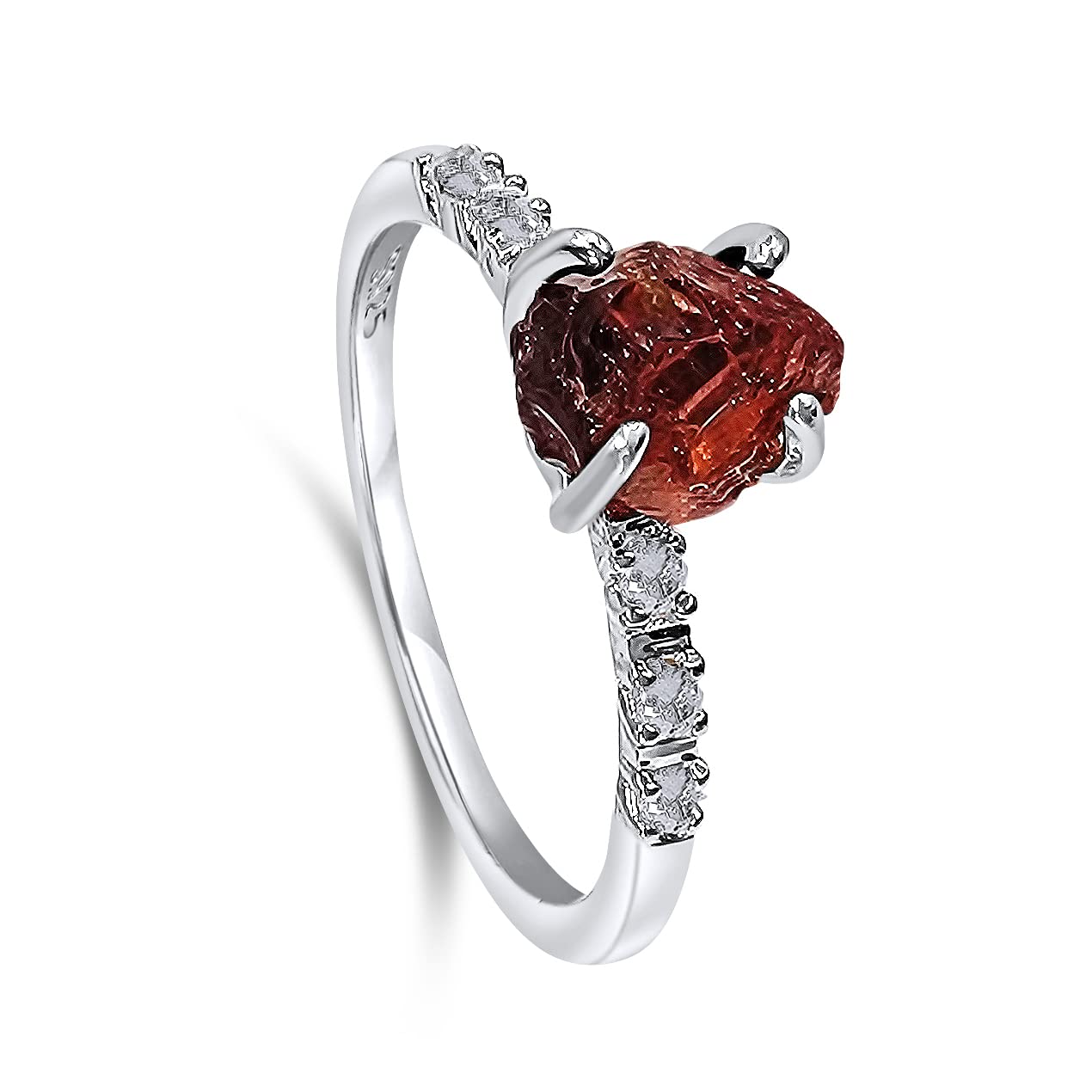 Real Raw Garnet Crystal Dainty Ring in White Gold for Gifts
