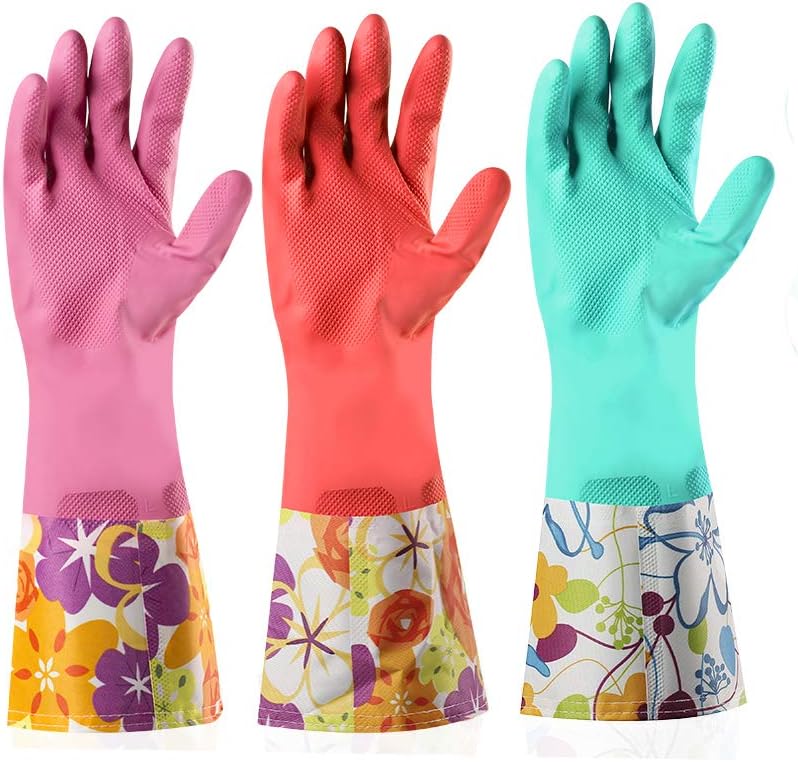 Non-Slip Dishwashing Gloves 3 Pairs - Reusable, Waterproof, Gift for Mom