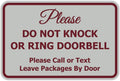 Please Do Not Knock Or Ring Doorbell Sign - Light Grey Burgundy 5 Pack