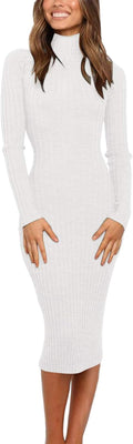 Ribbed Long Sleeve Sweater Dress Slim Fit Midi - Flattering Winter