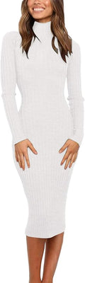 Women's Ribbed Long Sleeve Sweater Dress High Neck Slim Fit Midi
