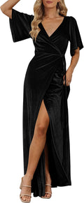 Women's V Neck Velvet Wrap Maxi Dress - Long Bell Sleeve Split