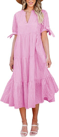 Womens Casual Midi Gingham Dress - VNeck Tiered Midi