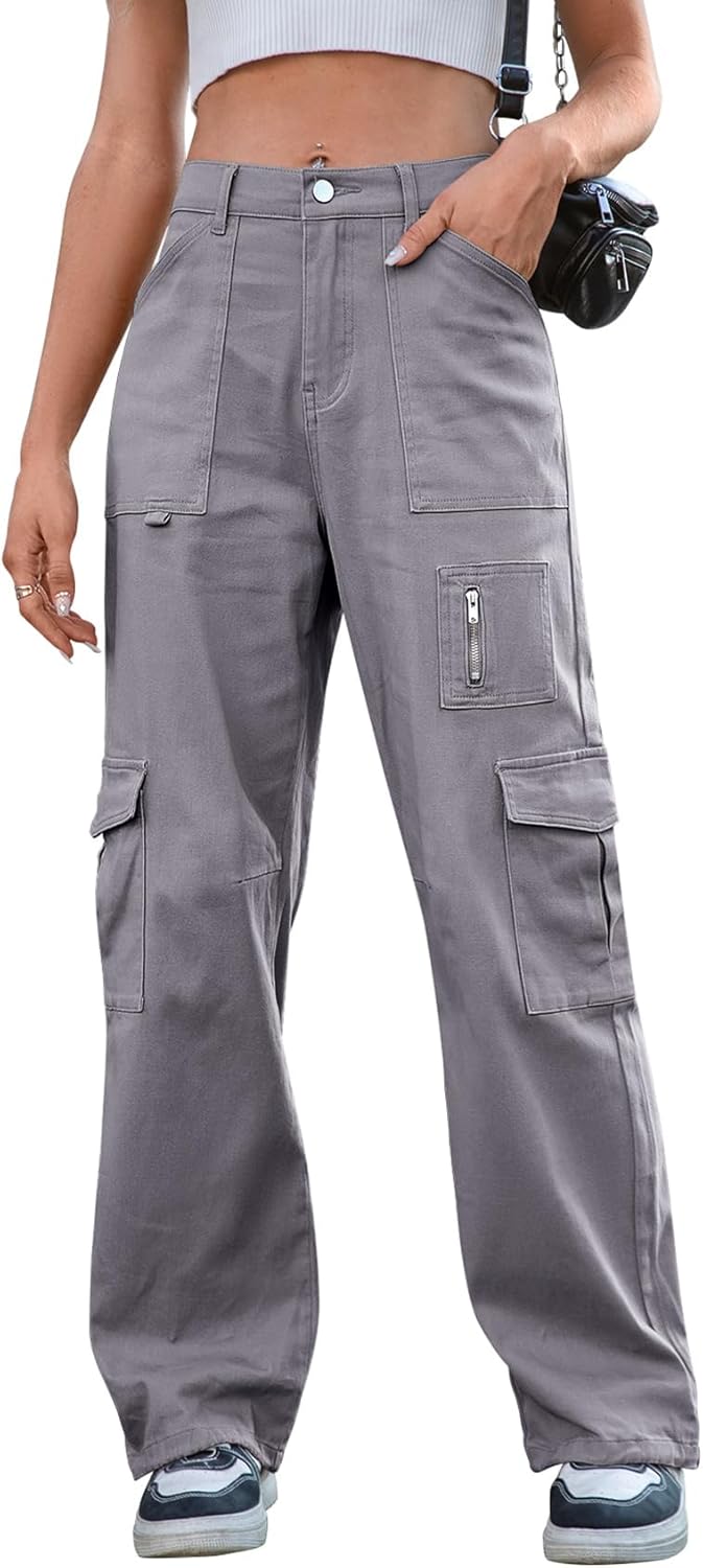 IVIR Cargo Pants Women High Waist Wide Leg Casual Trousers