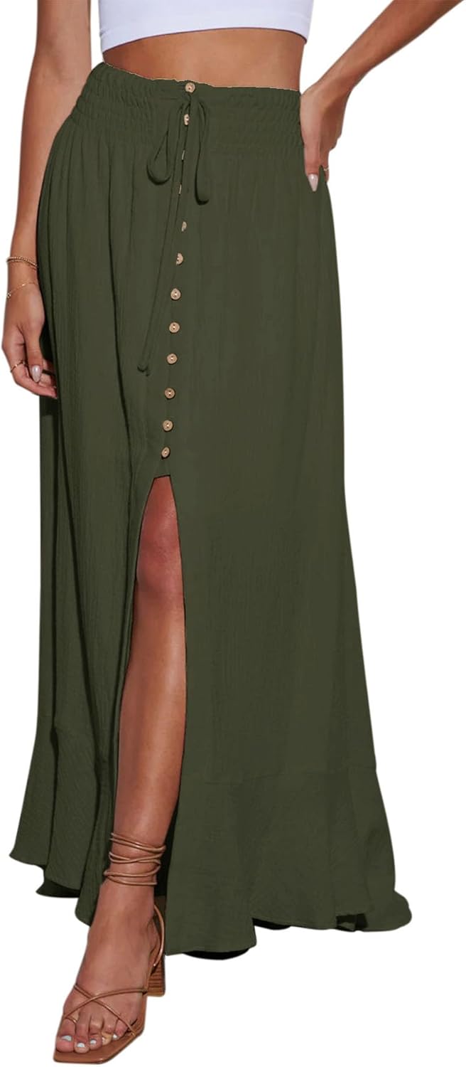 Minclouse Women's Elastic Tie Waist Maxi Skirt for Summer Style