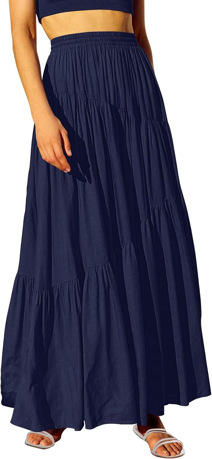 Boho Elastic High Waist Pleated A-Line Maxi Skirt Dress