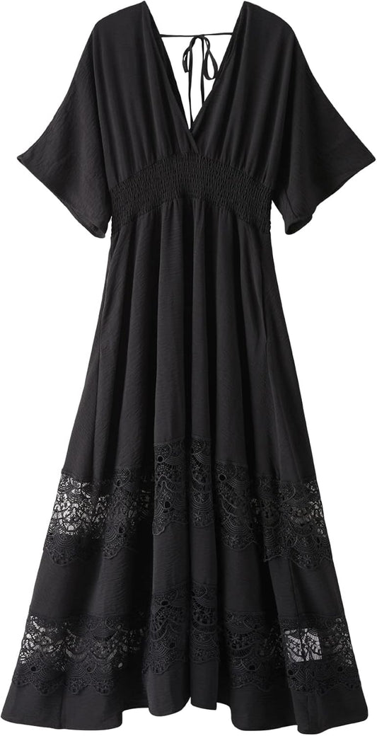 Women's Lace Maxi Dress with V Neck and Smocked Waist Design