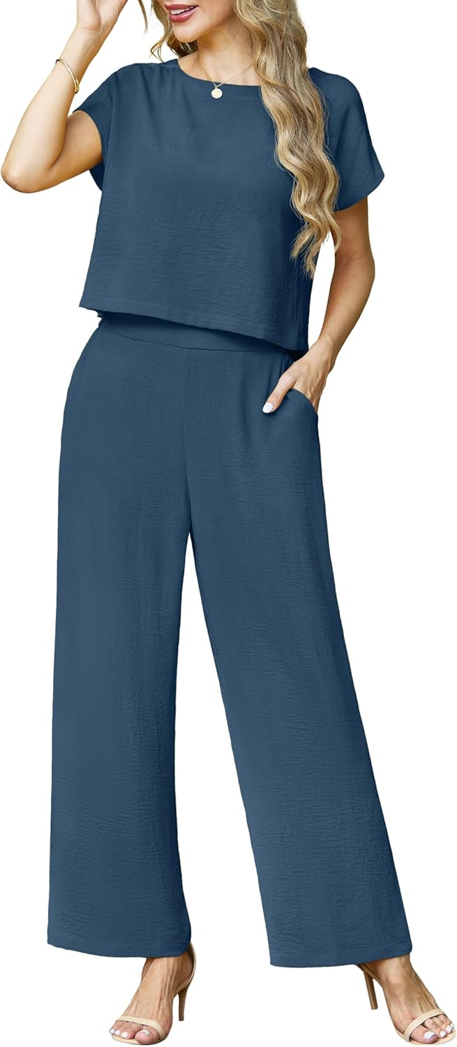 Lepunuo 2 Piece Sets for Women Summer Cap Sleeve Crop Top