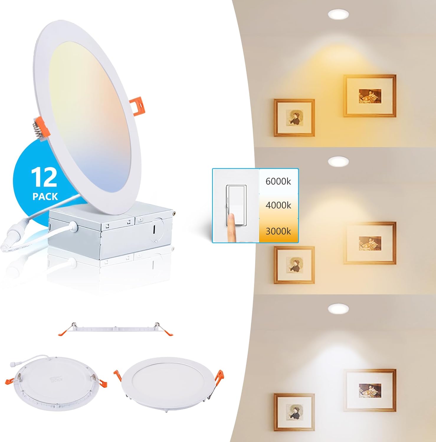 8 Inch LED Recessed Light with Junction Box - Ultra Thin 12 Pack