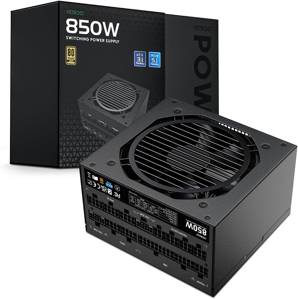 Vetroo 850W Power Supply with Dual PCIe 5.1 and 80 Plus Gold