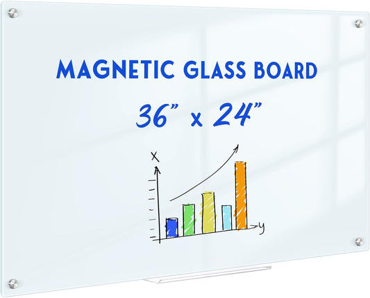 Magnetic Glass Whiteboard for Wall - 36in x 24in Frameless Board