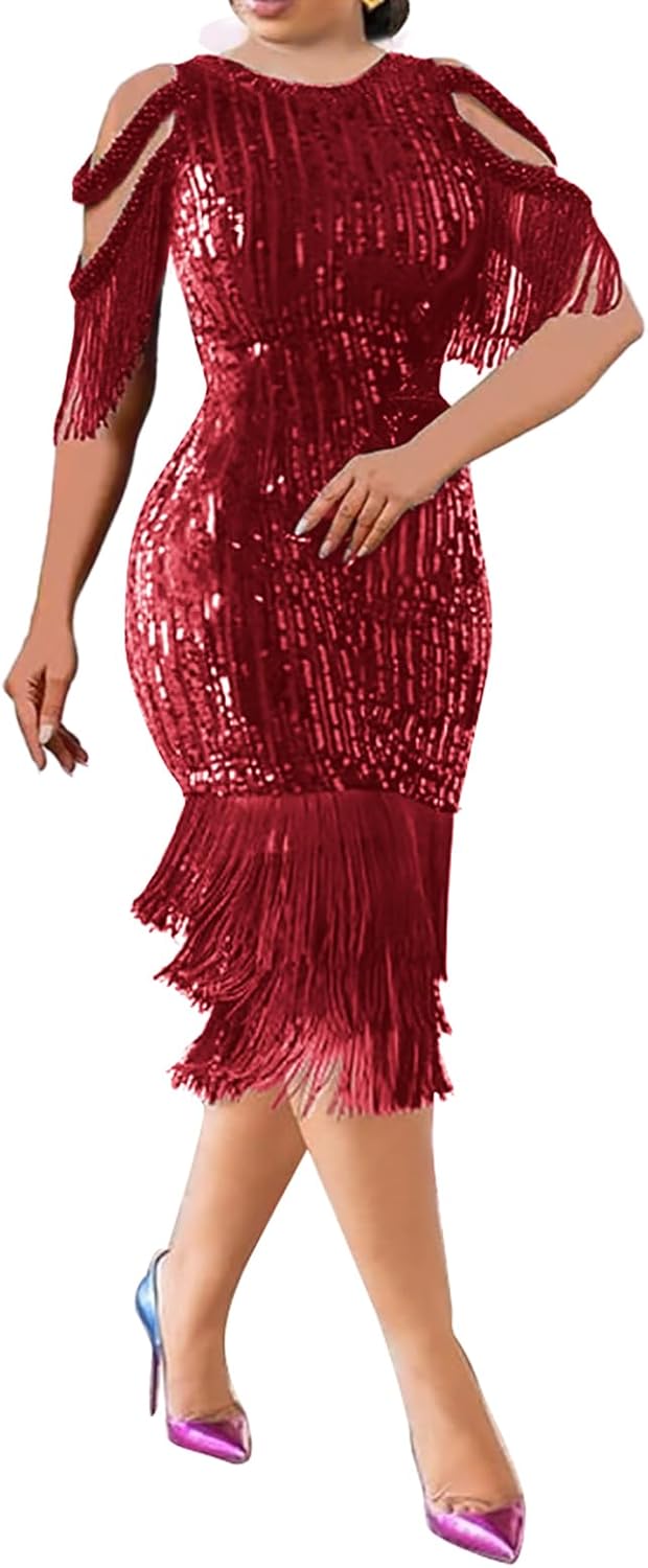 Elegant Women Sequin Short Sleeve Tassel Bodycon Midi Dress