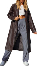 Women's Casual Lapel Open Front Faux Leather Long Trench Coat